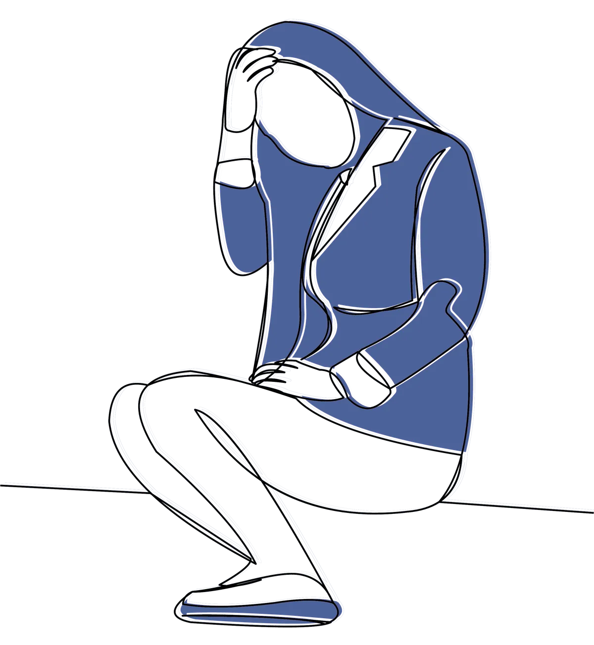 Line drawing of a woman in a blazer sitting with her hand on her forehead